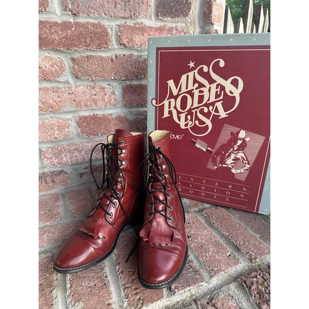 Vtg Acme Miss Rodeo USA Red Leather Lace Up Roper Kiltie Western Boots Box 7.5